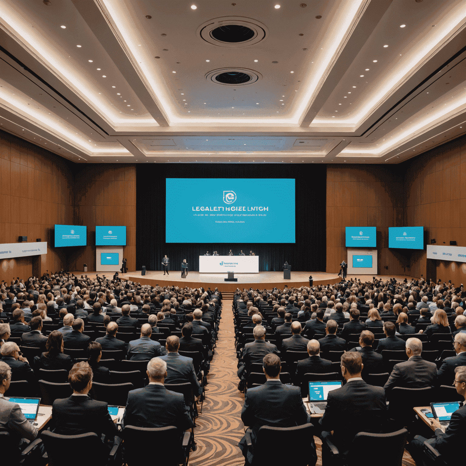 Image of a grand conference hall with LegalTech & Digital Compliance Conference 2025 banner, showing a mix of attendees and high-tech presentation screens