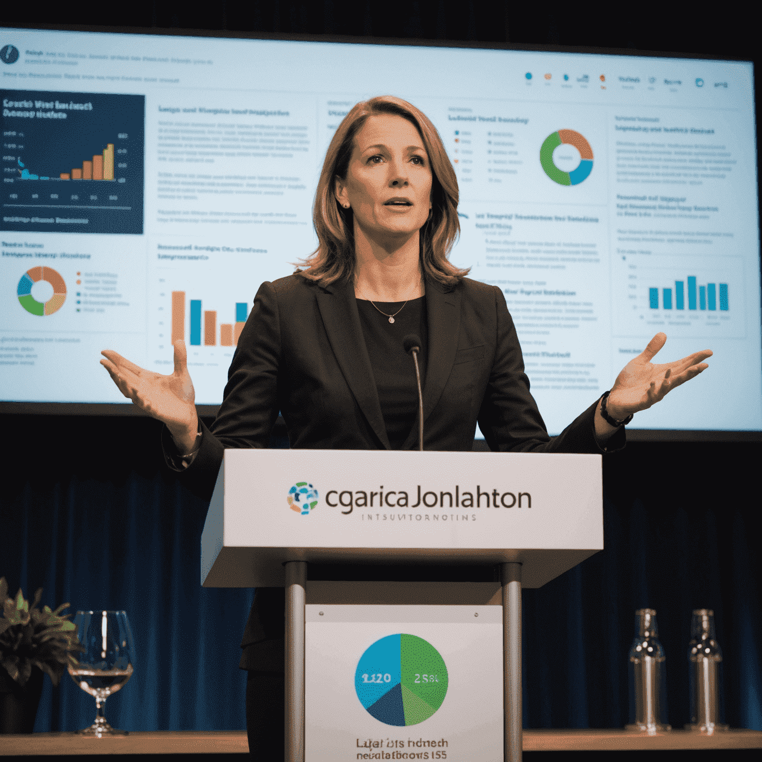 Sarah Johnson, CEO of LegalTech Innovations, speaking at a podium with a backdrop of legal technology infographics