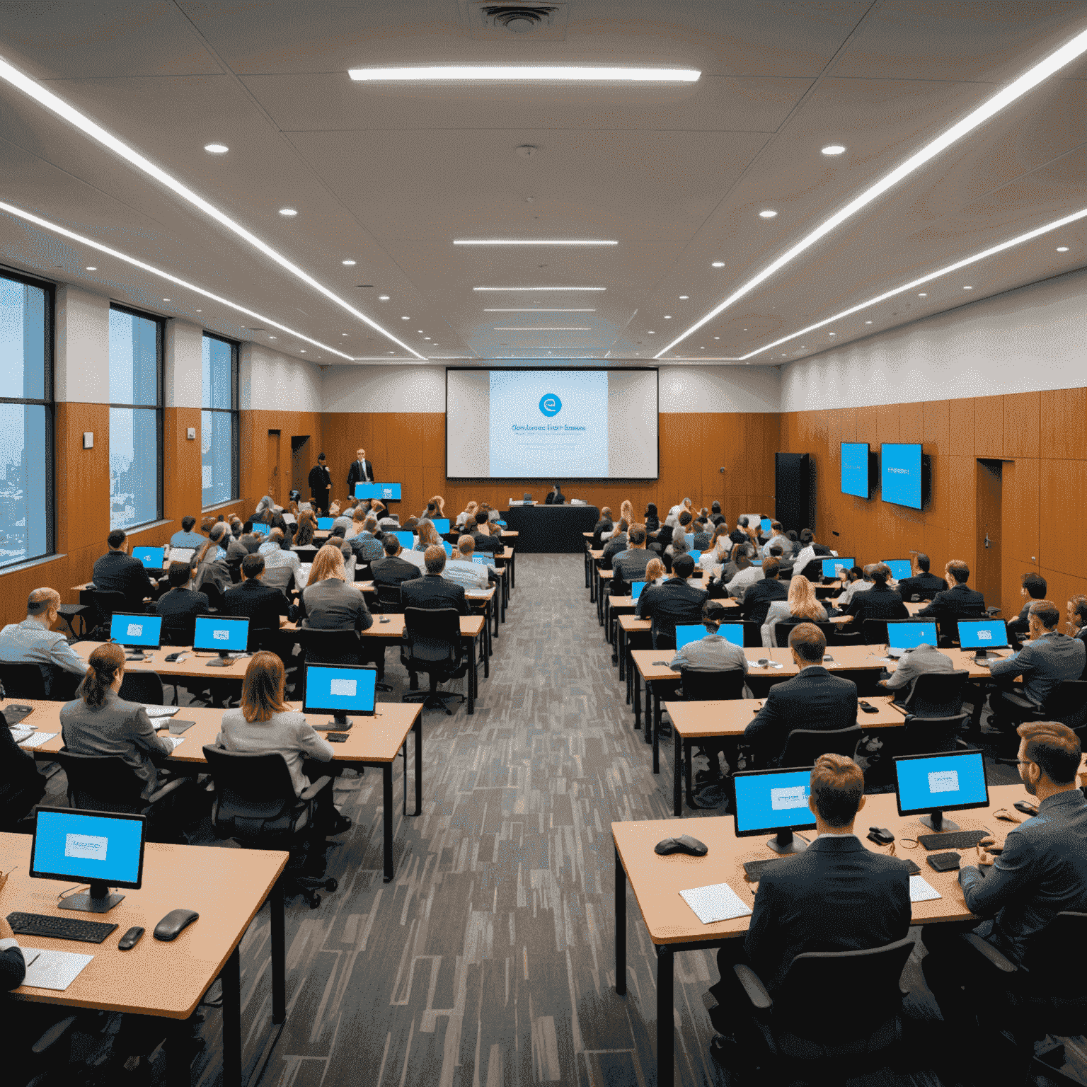 Conference hall with multiple workshop rooms, each labeled with different legal tech and compliance topics. Attendees are seen entering various rooms.