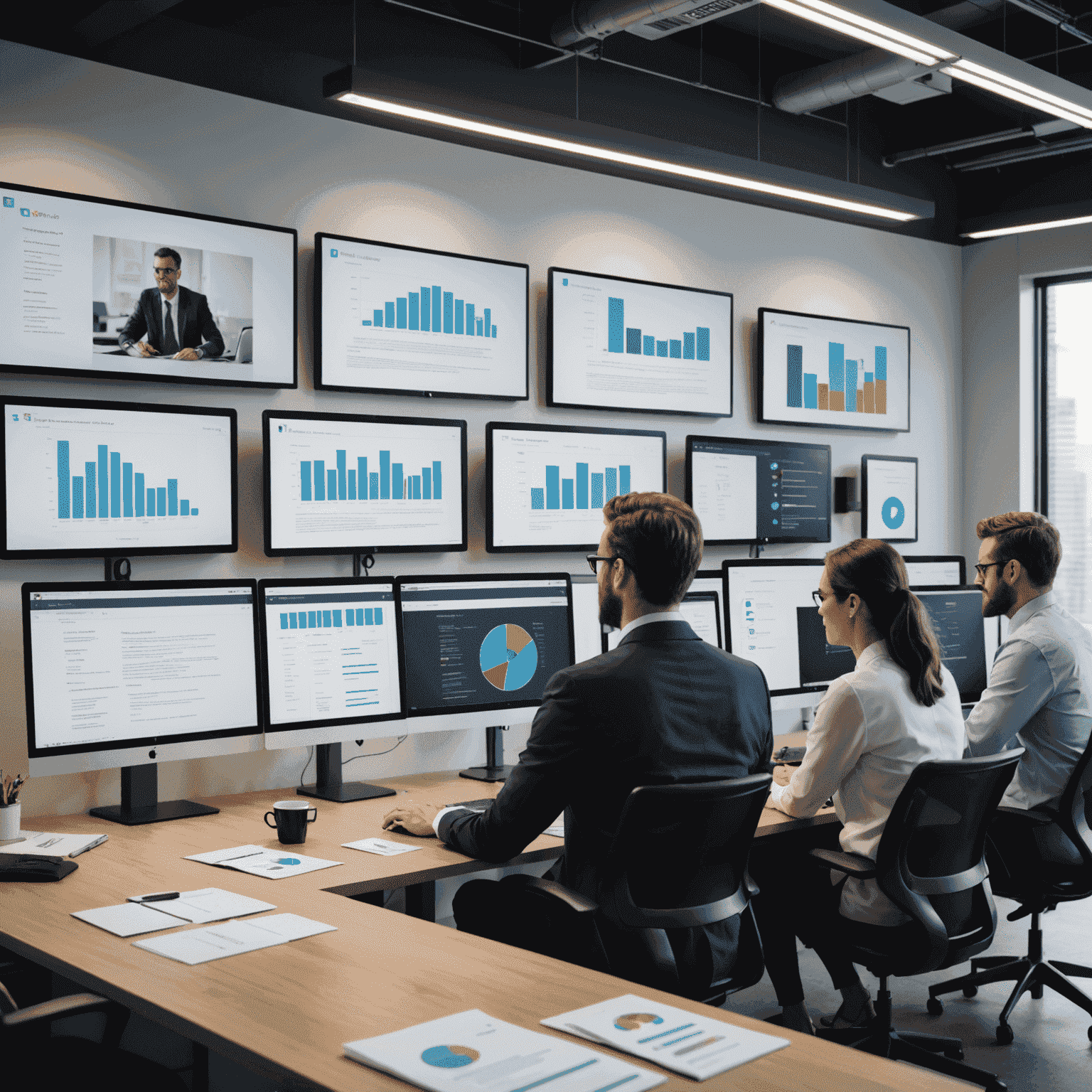 Legal professionals collaborating on digital documents, using advanced document management software on large screens in a modern office setting