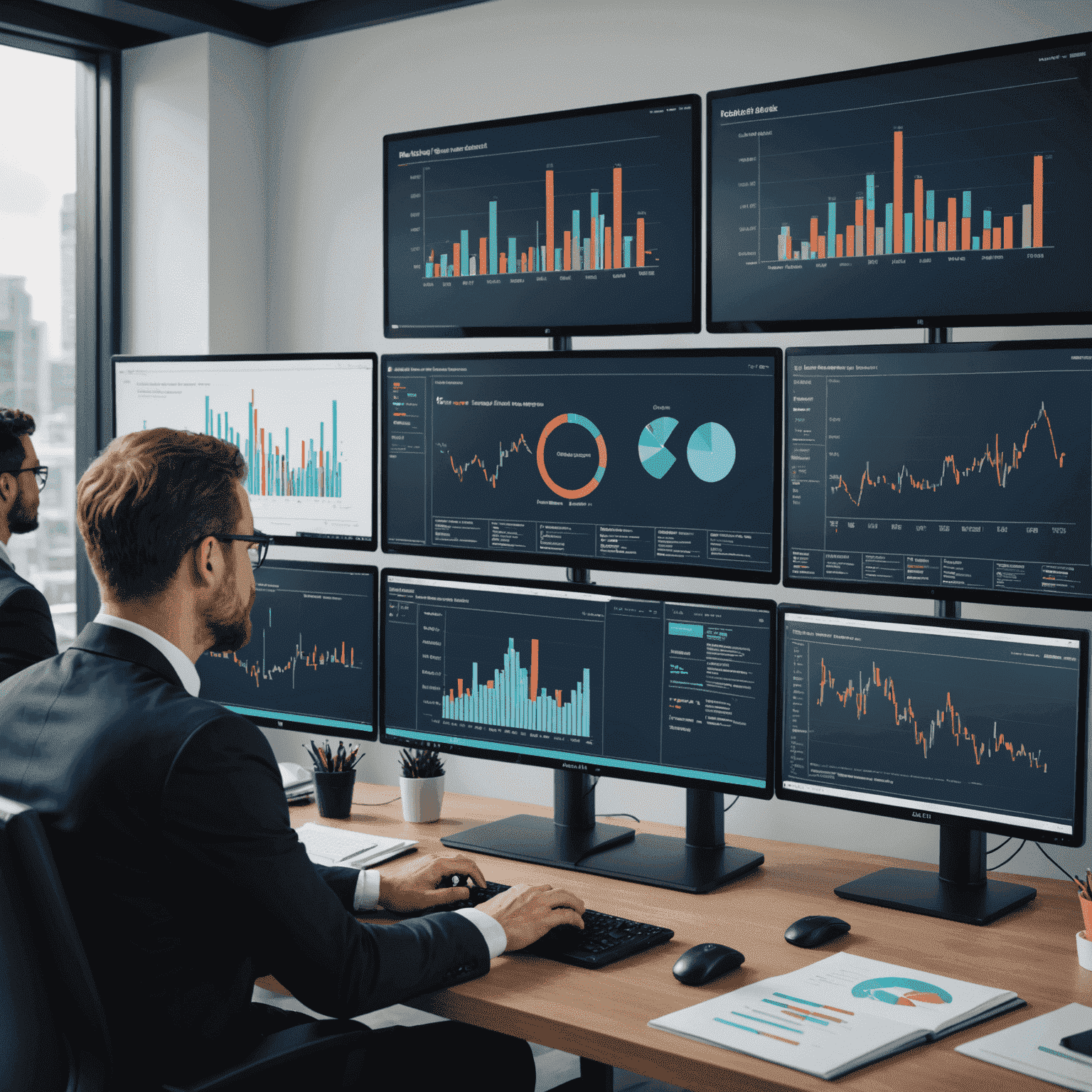 A professional team of legal experts analyzing digital risk factors on multiple computer screens, with graphs and charts displaying potential compliance issues