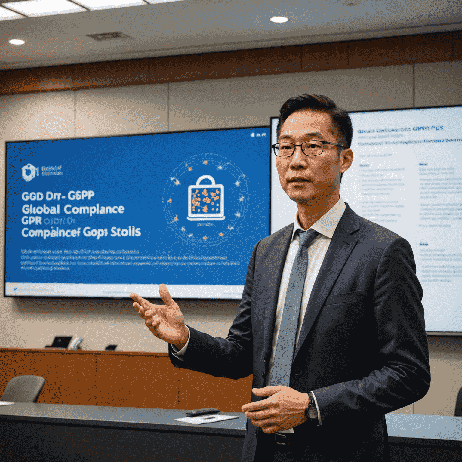 Dr. Michael Chen, Chief Compliance Officer at Global Regulatory Solutions, presenting a slide on GDPR compliance tools