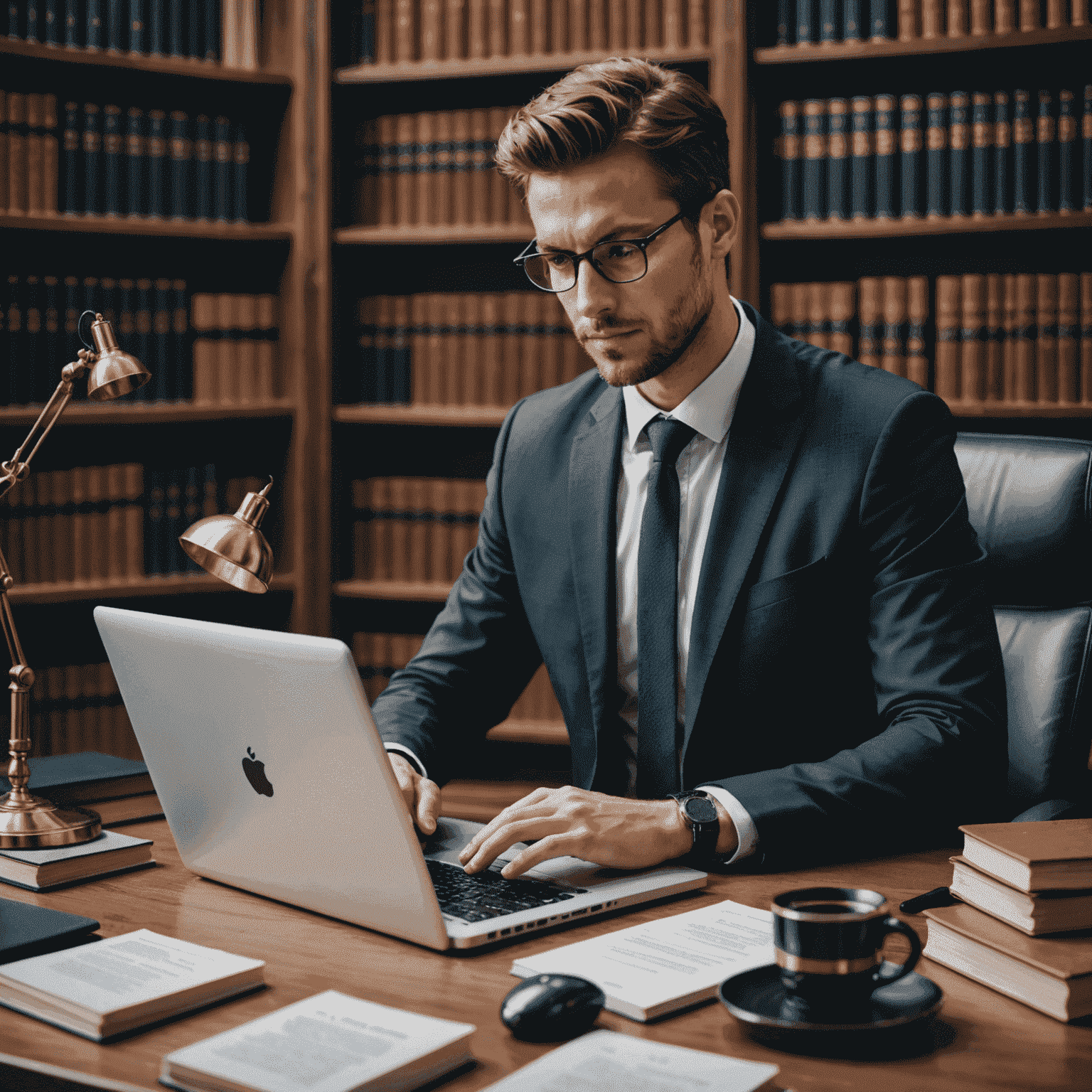Legal professional using a laptop with the AI-powered legal research platform, surrounded by law books and digital devices