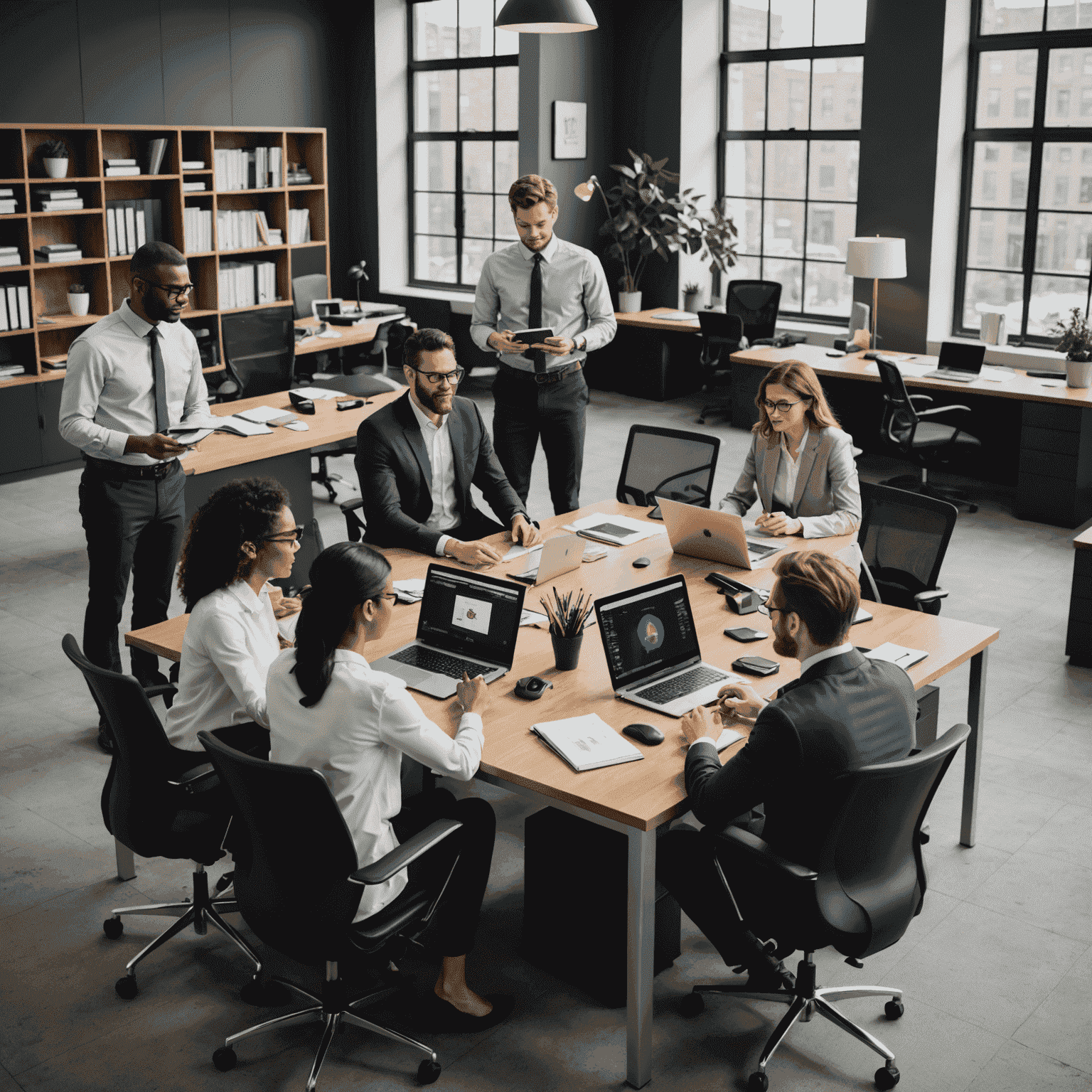 A diverse team of Lexify experts collaborating in a modern office setting, surrounded by advanced technology and legal reference materials