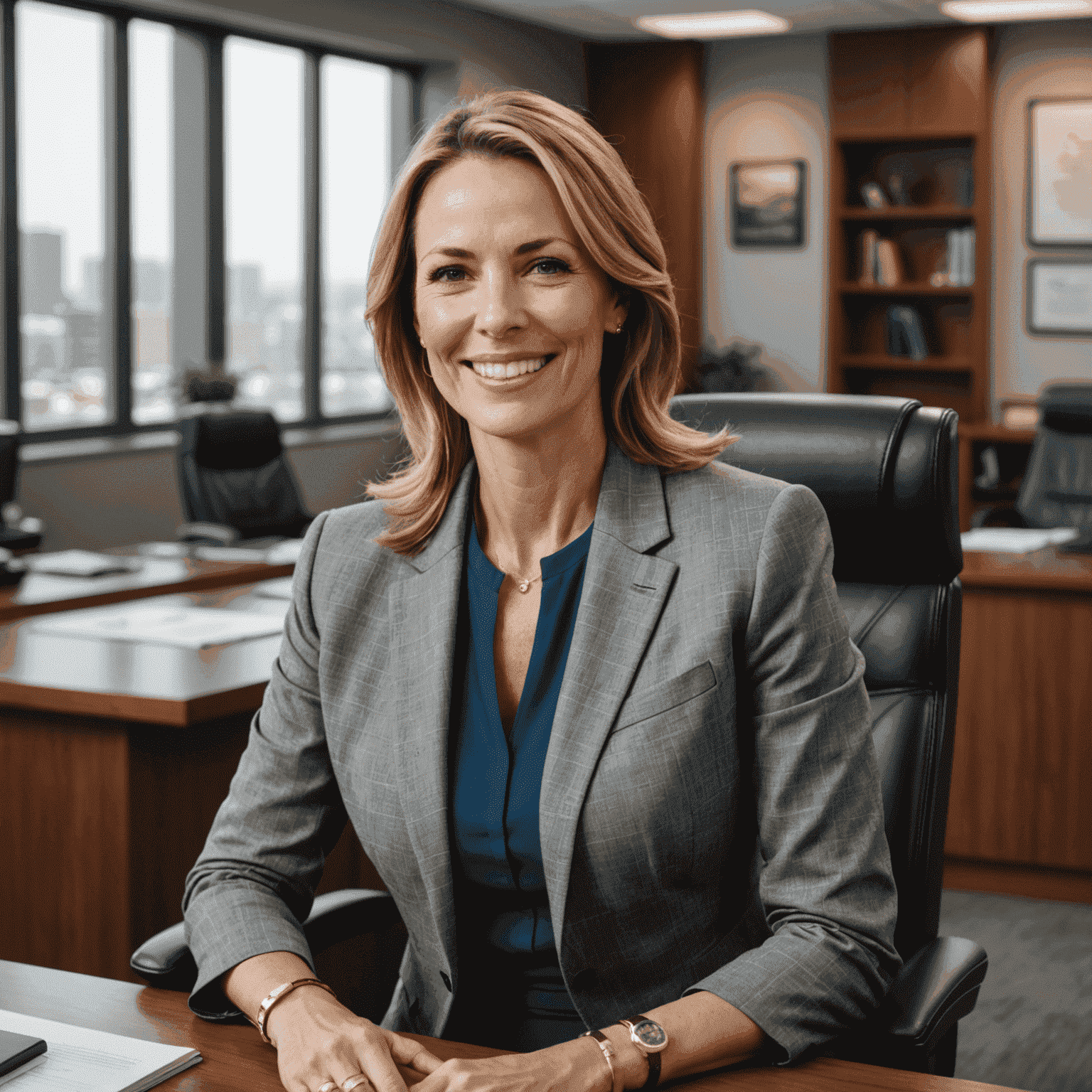 Sarah Thompson, a professional woman in her 40s with a warm smile, sitting in a modern law office