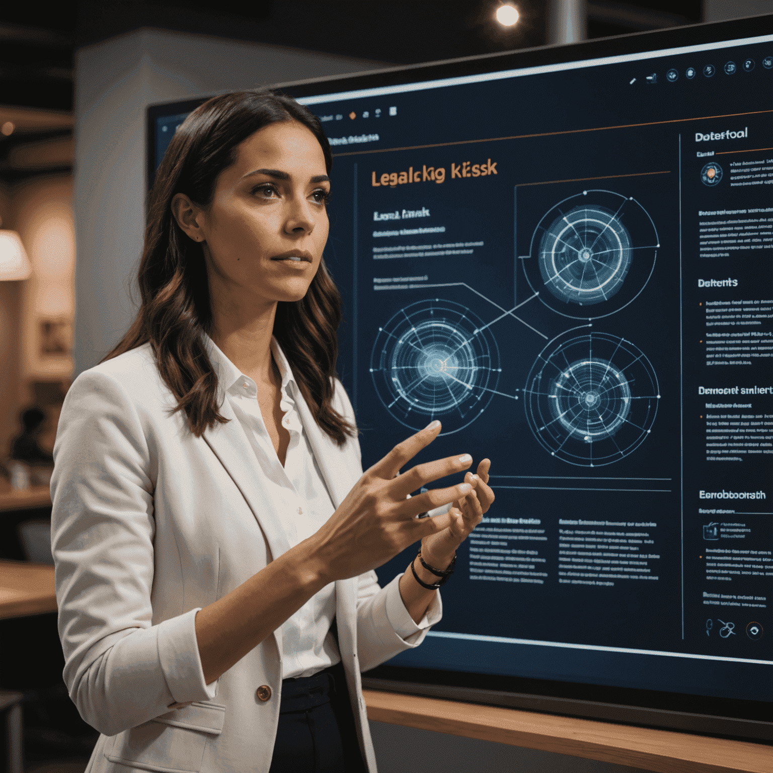 Emma Rodriguez, Founder of LegalRisk AI, demonstrating a legal risk mitigation software on a large touchscreen