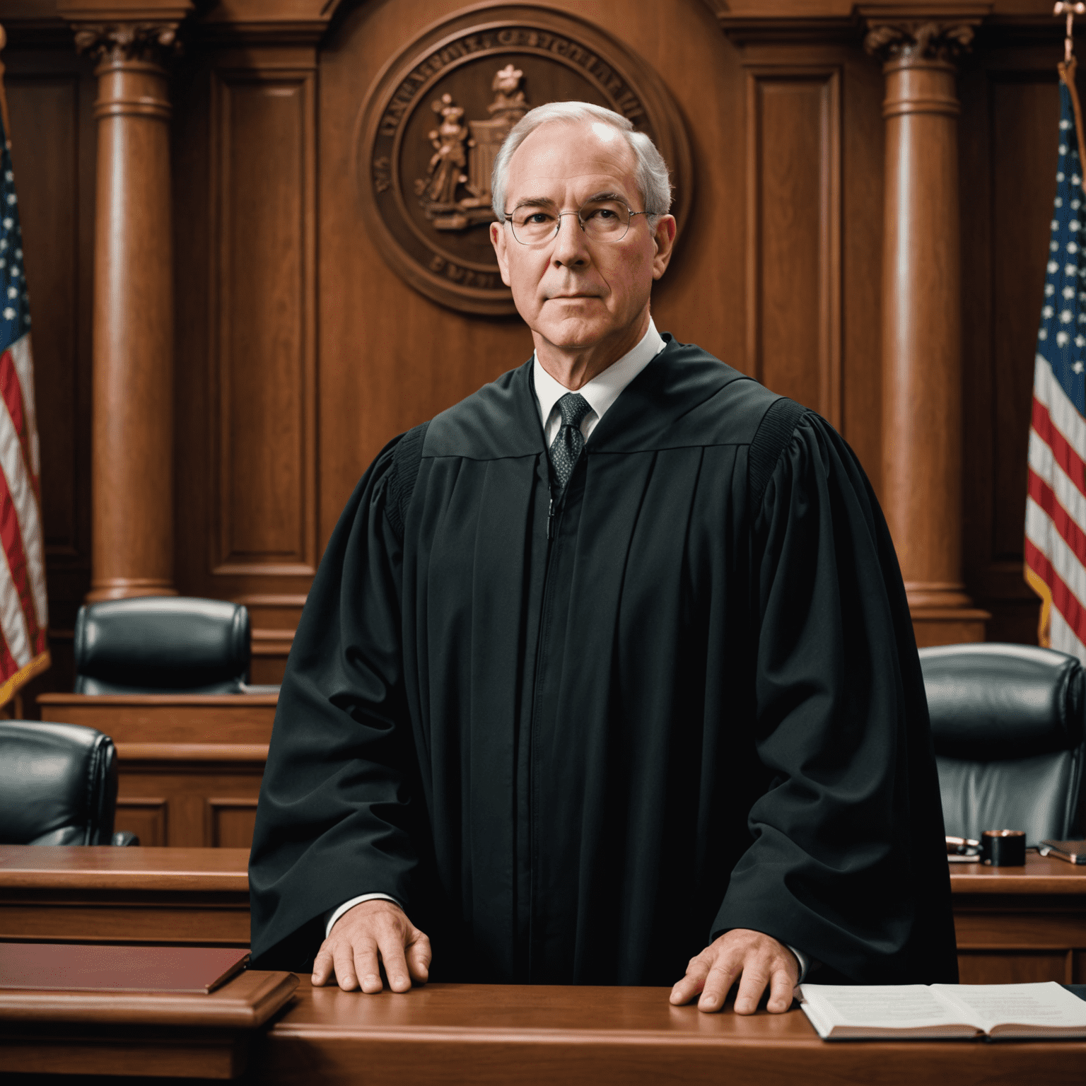 Judge Robert Blackstone in his judicial robes, standing in front of a digital courtroom setup