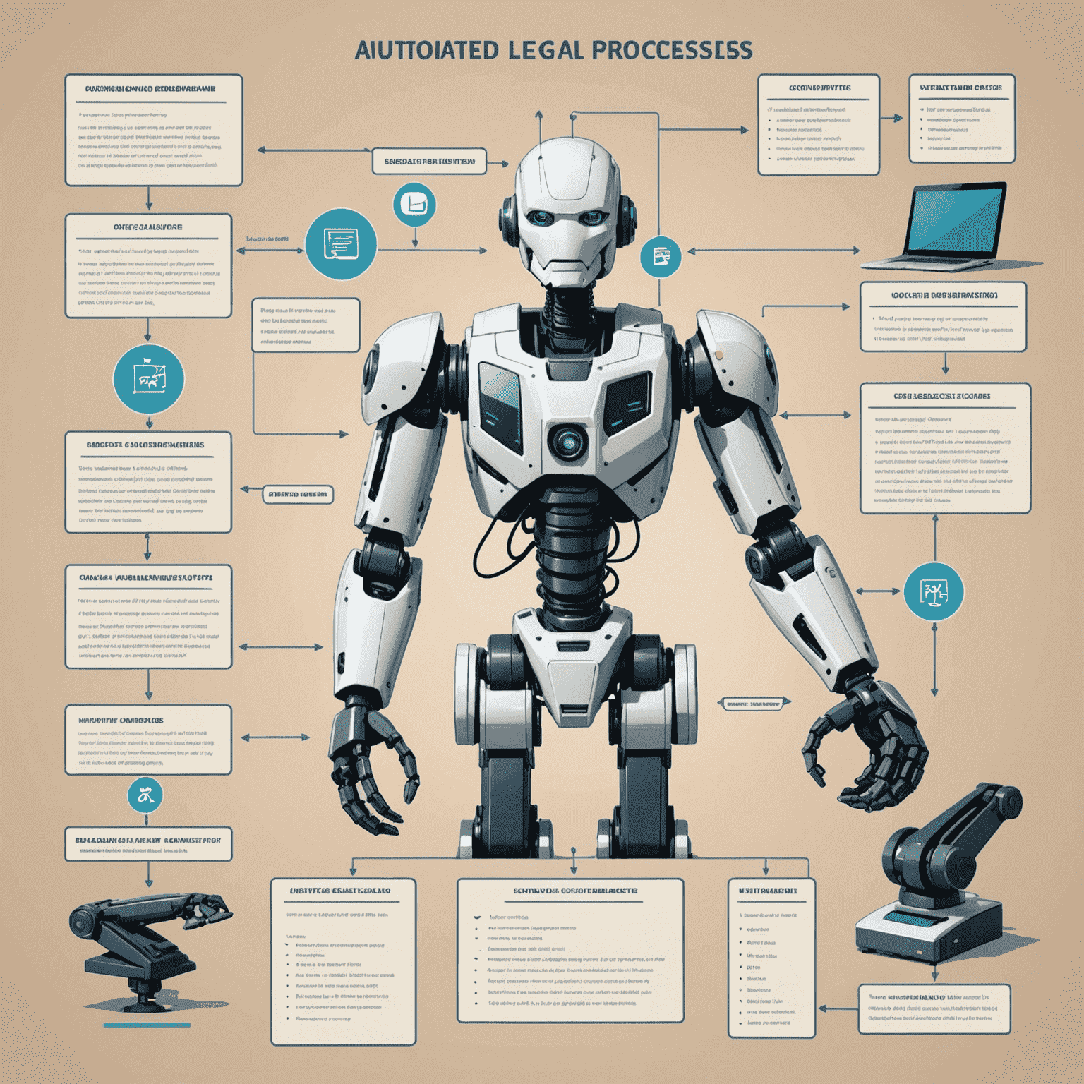 A flowchart showing automated legal processes, from document creation to approval workflows, with robotic arms assisting in various stages
